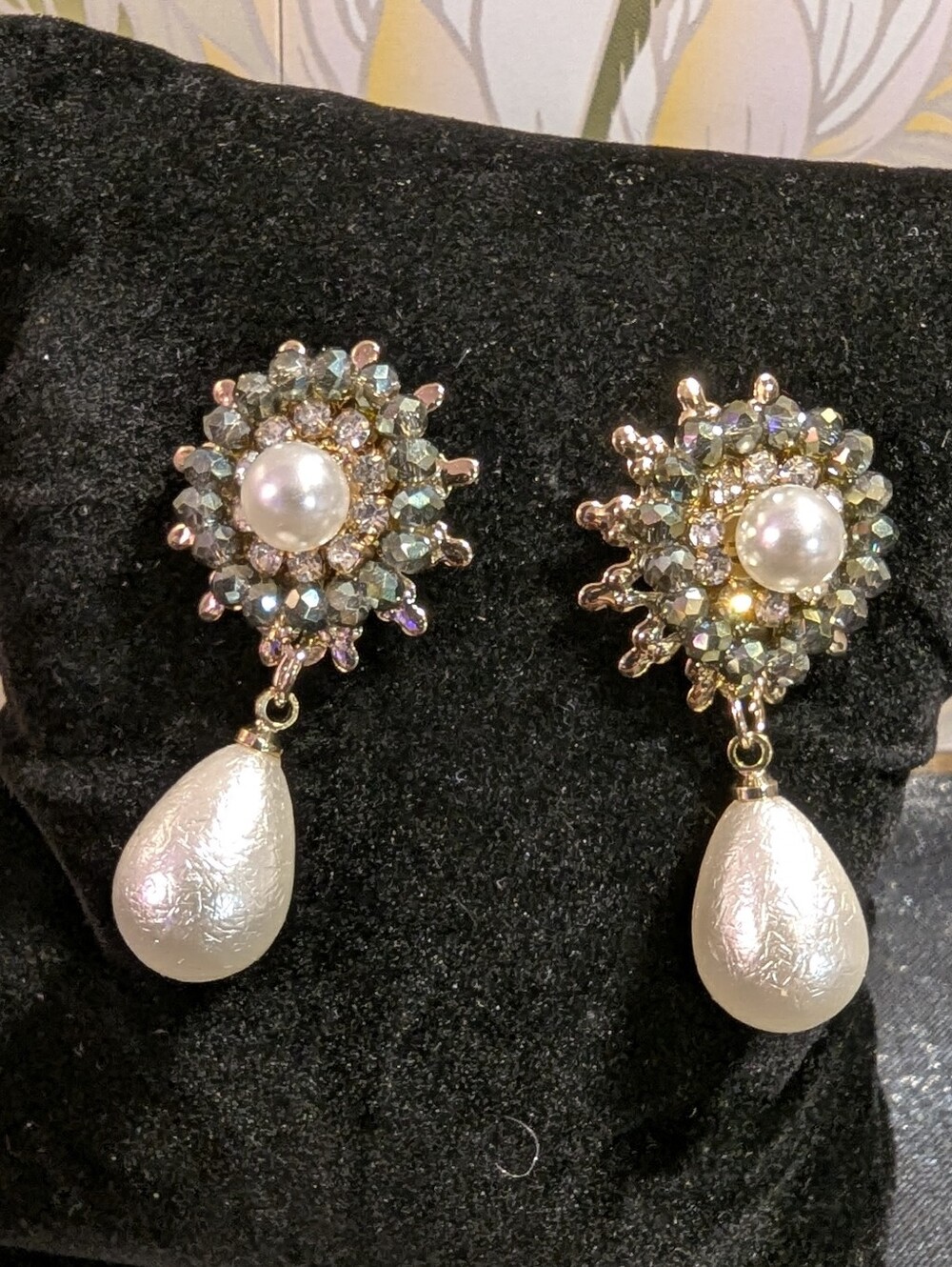 Faux Pearl & Crystal Drop Earrings – Gold Tone Statement Earrings